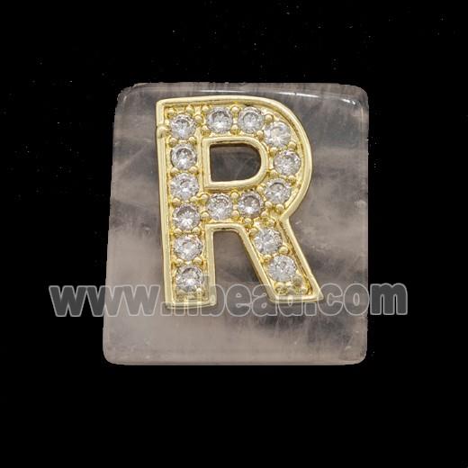 Rose Quartz Square Pendant With Copper Letter-R Pave Zirconia Gold Plated