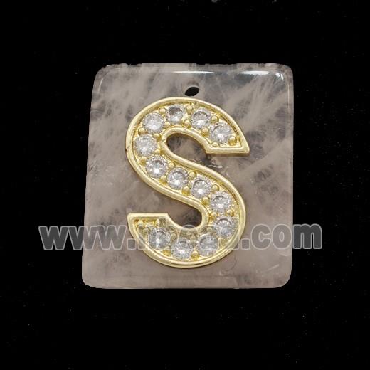 Rose Quartz Square Pendant With Copper Letter-S Pave Zirconia Gold Plated