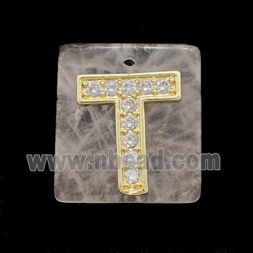 Rose Quartz Square Pendant With Copper Letter-T Pave Zirconia Gold Plated