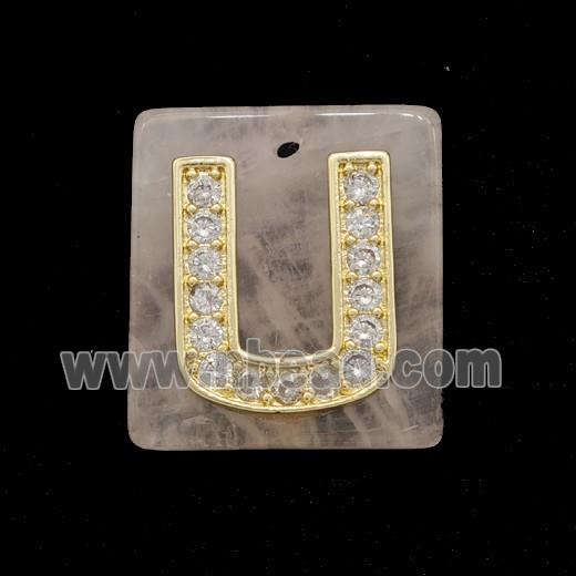 Rose Quartz Square Pendant With Copper Letter-U Pave Zirconia Gold Plated
