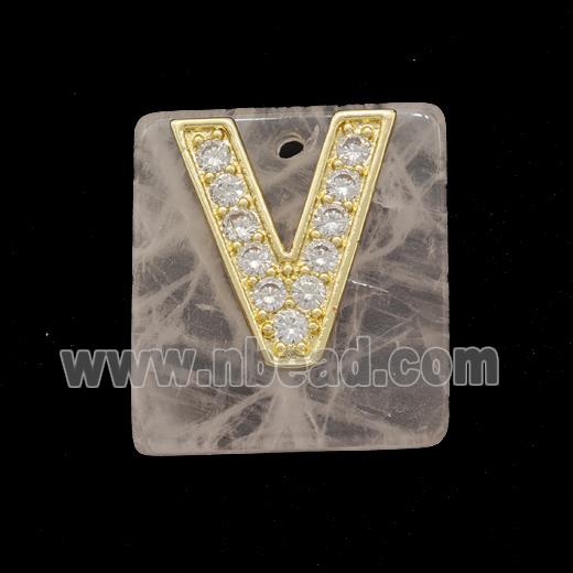 Rose Quartz Square Pendant With Copper Letter-V Pave Zirconia Gold Plated