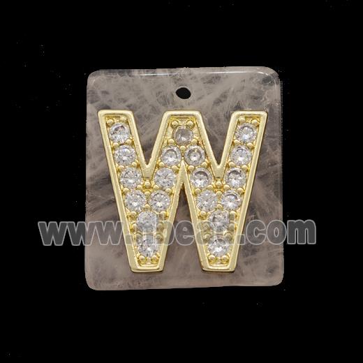 Rose Quartz Square Pendant With Copper Letter-W Pave Zirconia Gold Plated
