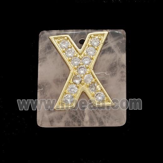 Rose Quartz Square Pendant With Copper Letter-X Pave Zirconia Gold Plated