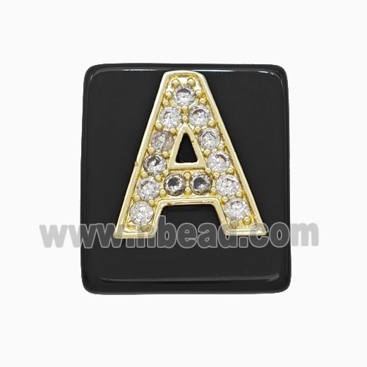 Black Obsidian Square Pendant With Copper Letter-A Pave Zirconia Gold Plated