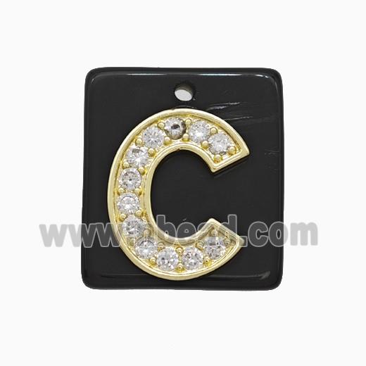 Black Obsidian Square Pendant With Copper Letter-C Pave Zirconia Gold Plated