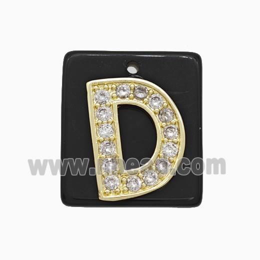 Black Obsidian Square Pendant With Copper Letter-D Pave Zirconia Gold Plated