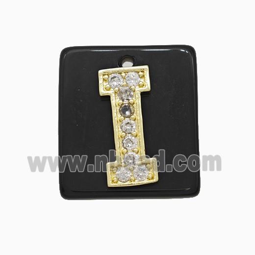 Black Obsidian Square Pendant With Copper Letter-I Pave Zirconia Gold Plated