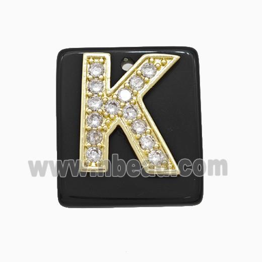Black Obsidian Square Pendant With Copper Letter-K Pave Zirconia Gold Plated
