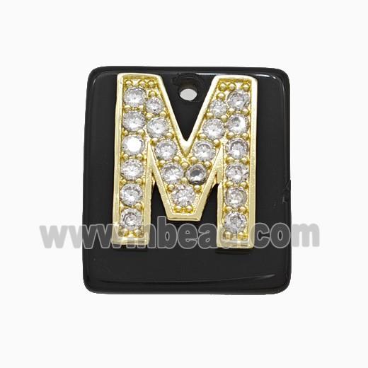 Black Obsidian Square Pendant With Copper Letter-M Pave Zirconia Gold Plated