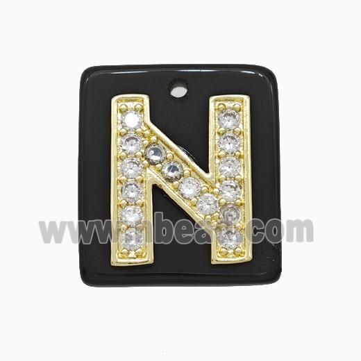 Black Obsidian Square Pendant With Copper Letter-N Pave Zirconia Gold Plated