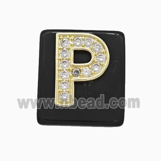 Black Obsidian Square Pendant With Copper Letter-P Pave Zirconia Gold Plated