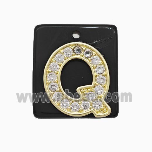 Black Obsidian Square Pendant With Copper Letter-Q Pave Zirconia Gold Plated