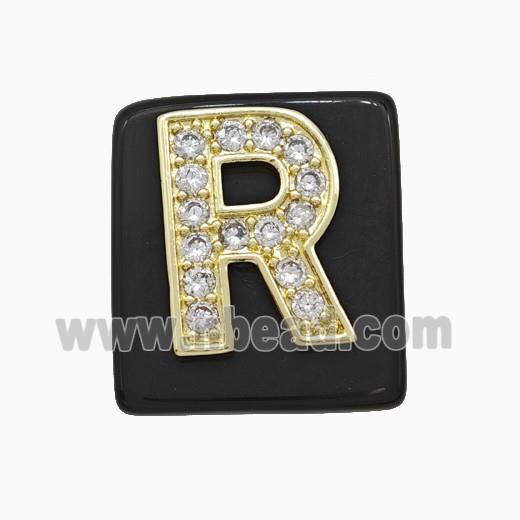 Black Obsidian Square Pendant With Copper Letter-R Pave Zirconia Gold Plated
