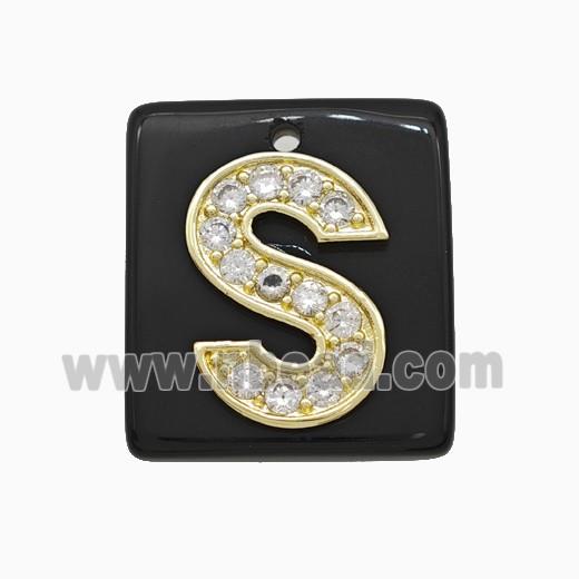 Black Obsidian Square Pendant With Copper Letter-S Pave Zirconia Gold Plated