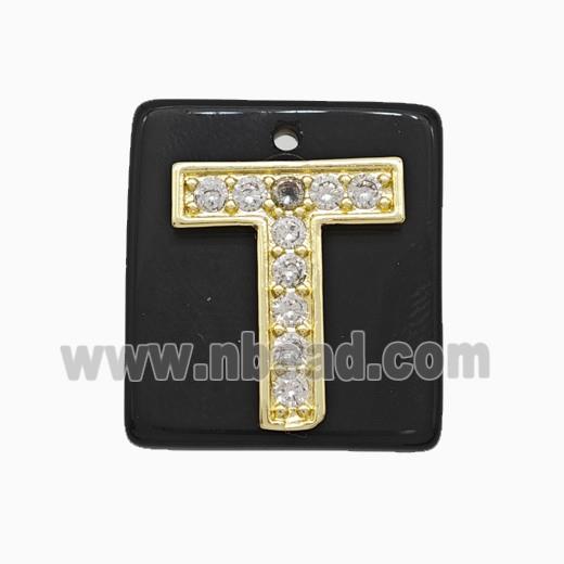 Black Obsidian Square Pendant With Copper Letter-T Pave Zirconia Gold Plated