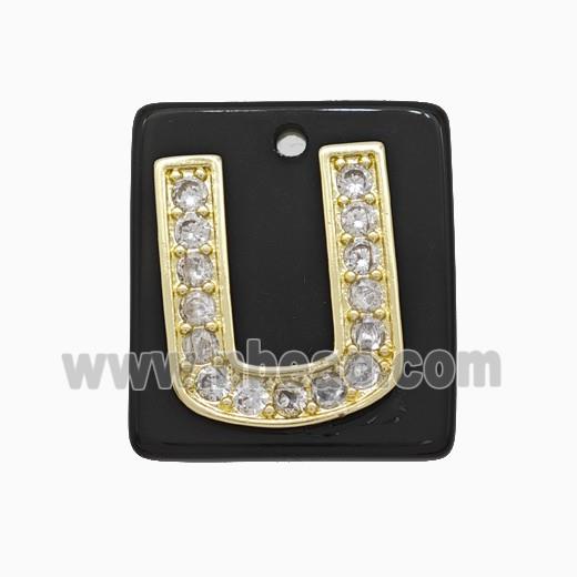Black Obsidian Square Pendant With Copper Letter-U Pave Zirconia Gold Plated