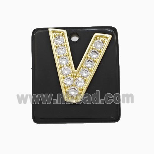 Black Obsidian Square Pendant With Copper Letter-V Pave Zirconia Gold Plated
