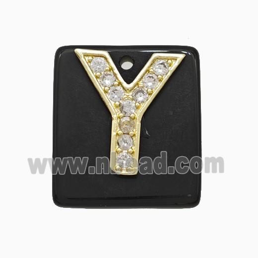 Black Obsidian Square Pendant With Copper Letter-Y Pave Zirconia Gold Plated