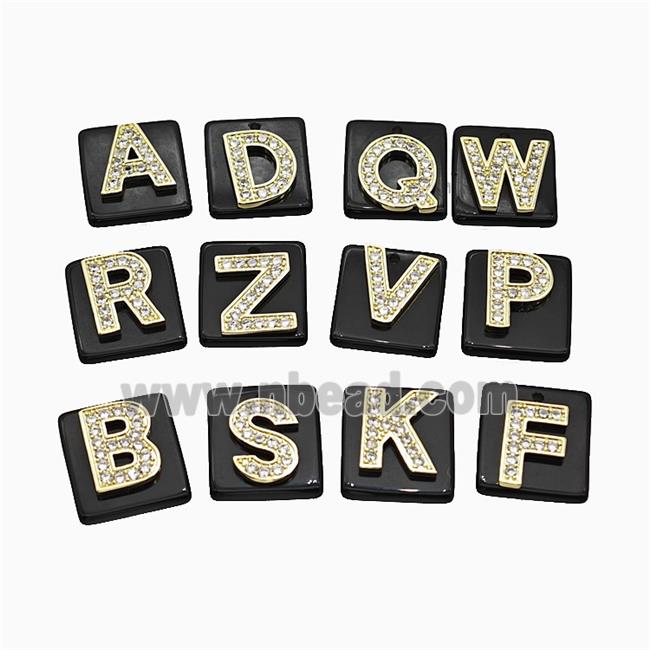 Black Obsidian Square Pendant With Copper Letters Pave Zirconia Gold Plated Mixed