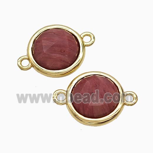 Pink Wood Lace Jasper Circle Connector Gold Plated
