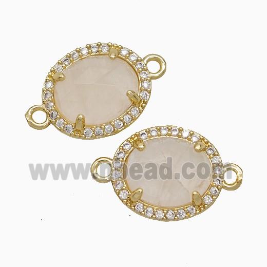 Pink Rose Quartz Oval Connector Copper Pave Zirconia Gold Plated