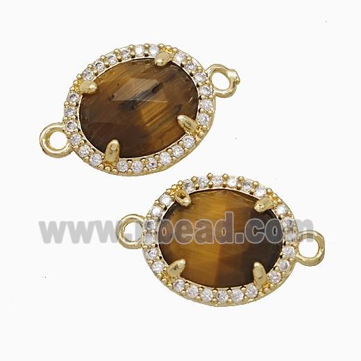Tiger Eye Stone Oval Connector Copper Pave Zirconia Gold Plated