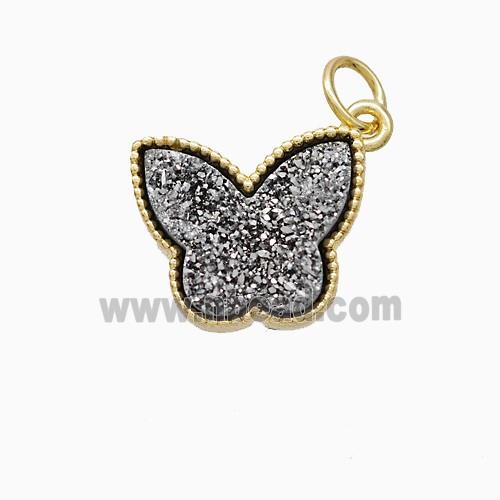 Silver Druzy Quartz Butterfly Pendant Electroplated
