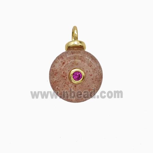 Strawberry Quartz Coin Pendant Pave Zirconia