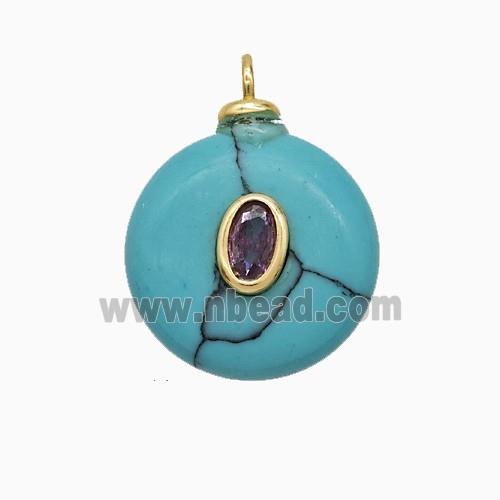 Blue Dye Howlite Turquoise Coin Pendant Pave Zirconia