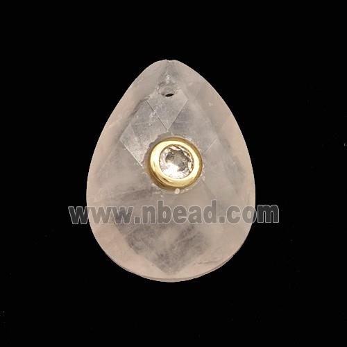 Pink Rose Quartz Teardrop Pendant Pave Zirconia