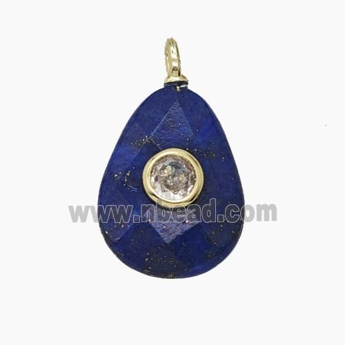 Natural Blue Lapis Lazuli Teardrop Pendant Pave Zirconia Faceted