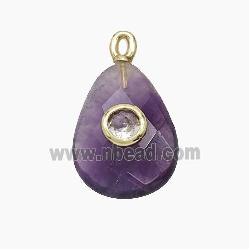 Natural Purple Amethyst Teardrop Pendant Pave Zirconia Faceted