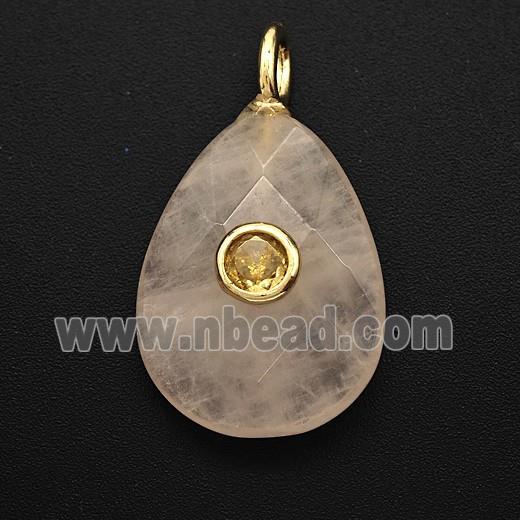 Natural Pink Rose Quartz Teardrop Pendant Pave Zirconia Faceted