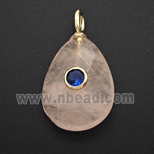 Natural Pink Rose Quartz Teardrop Pendant Pave Zirconia Faceted