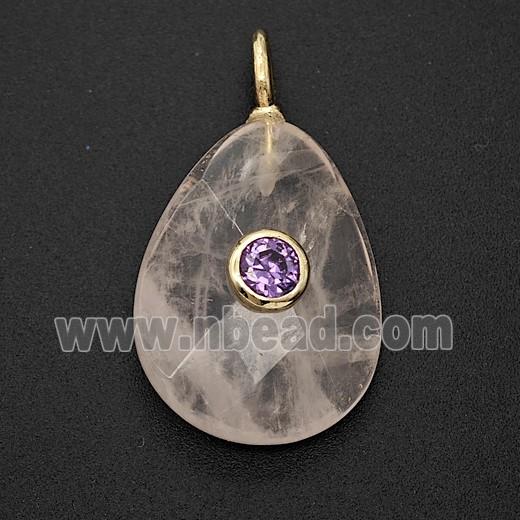 Natural Clear Crystal Quartz Teardrop Pendant Pave Zirconia Faceted