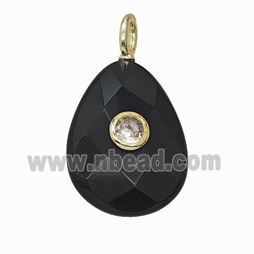 Natural Black Obsidian Teardrop Pendant Pave Zirconia Faceted