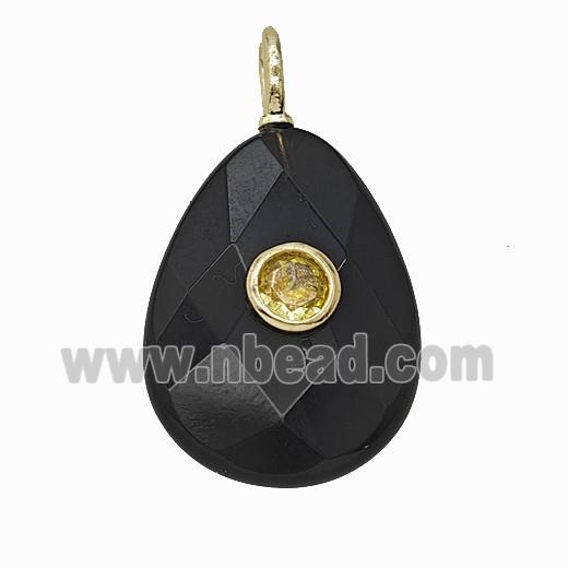Natural Black Obsidian Teardrop Pendant Pave Zirconia Faceted