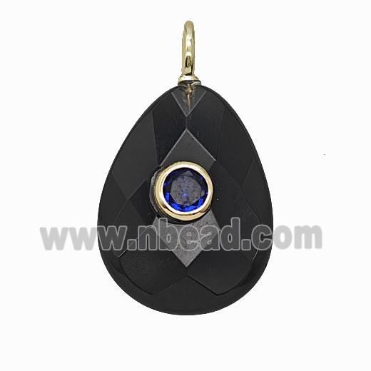 Natural Black Obsidian Teardrop Pendant Pave Zirconia Faceted