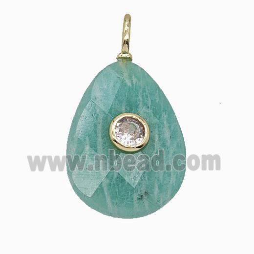 Natural Green Amazonite Teardrop Pendant Pave Zirconia Faceted