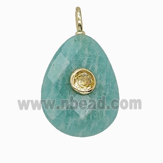 Natural Green Amazonite Teardrop Pendant Pave Zirconia Faceted