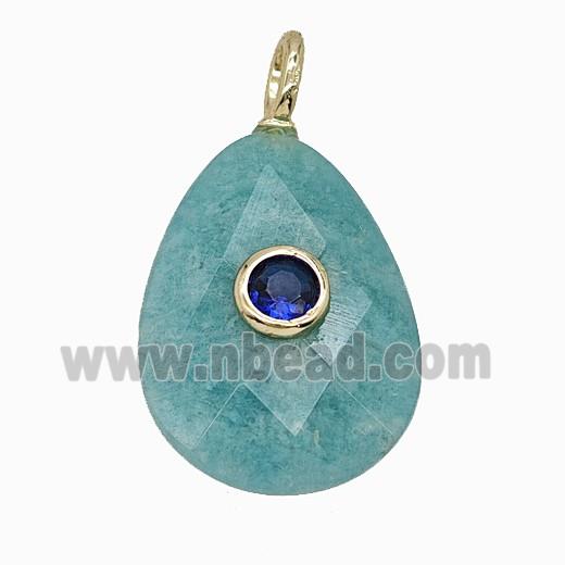 Natural Green Amazonite Teardrop Pendant Pave Zirconia Faceted