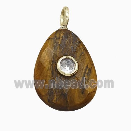Natural Tiger Eye Stone Teardrop Pendant Pave Zirconia Faceted