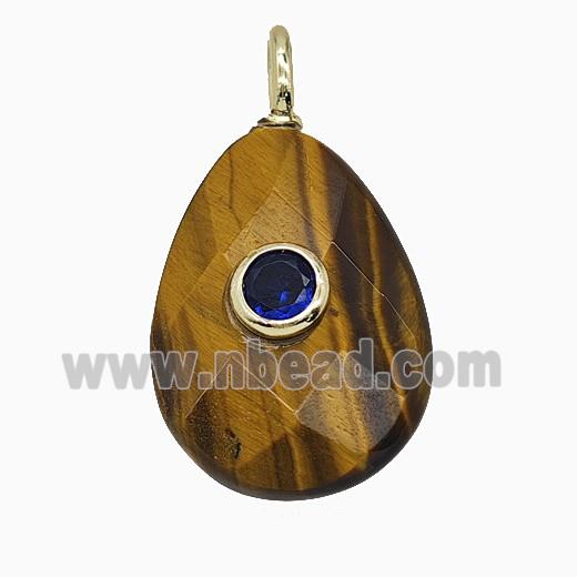 Natural Tiger Eye Stone Teardrop Pendant Pave Zirconia Faceted