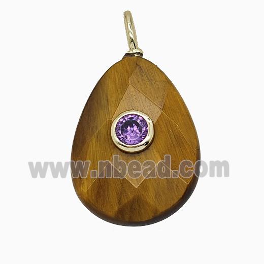Natural Tiger Eye Stone Teardrop Pendant Pave Zirconia Faceted
