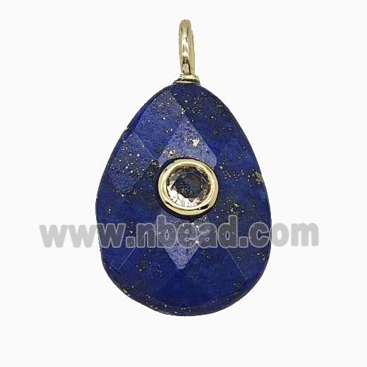 Natural Blue Lapis Lazuli Teardrop Pendant Pave Zirconia Faceted