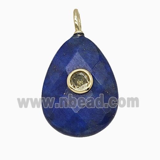 Natural Blue Lapis Lazuli Teardrop Pendant Pave Zirconia Faceted