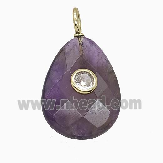 Natural Purple Amethyst Teardrop Pendant Pave Zirconia Faceted