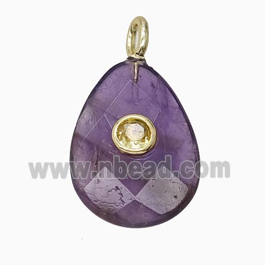 Natural Purple Amethyst Teardrop Pendant Pave Zirconia Faceted