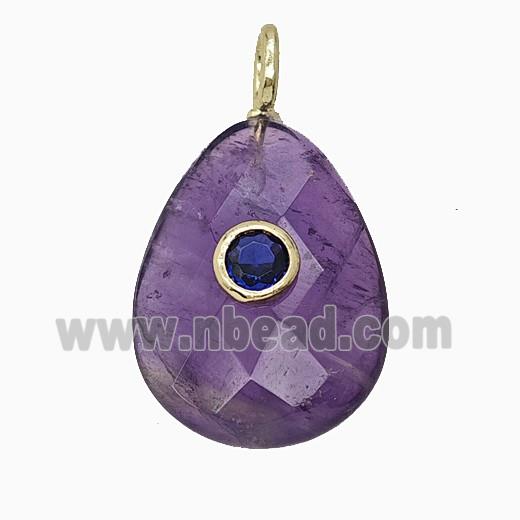 Natural Purple Amethyst Teardrop Pendant Pave Zirconia Faceted