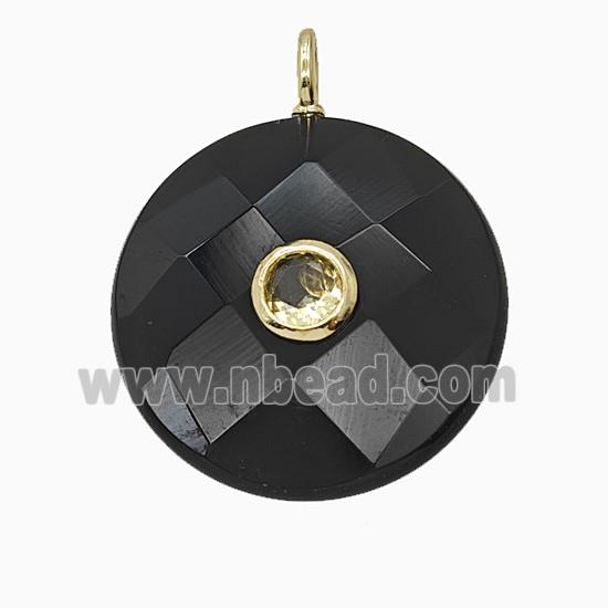 Natural Black Obsidian Circle Pendant Pave Zirconia Faceted